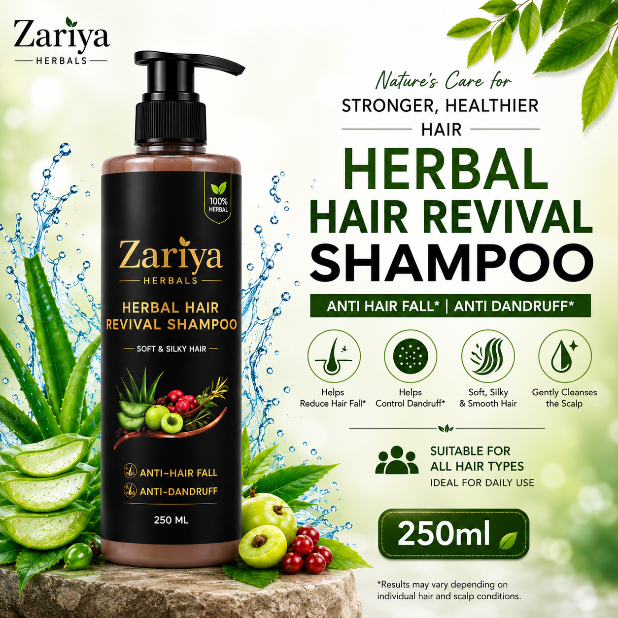 Natural Herbal Hair Revival Shampoo (250 ML) SOFT & SILKY HAIR, ANTI-DANDRUFF & ANTI-HARIFALL