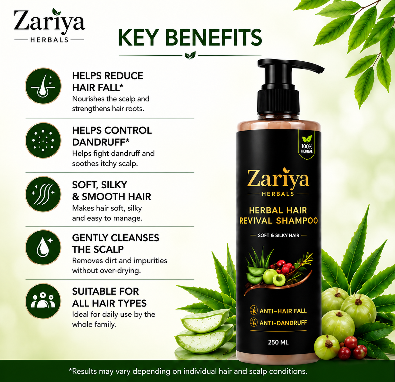 Natural Herbal Hair Revival Shampoo (250 ML) SOFT & SILKY HAIR, ANTI-DANDRUFF & ANTI-HARIFALL
