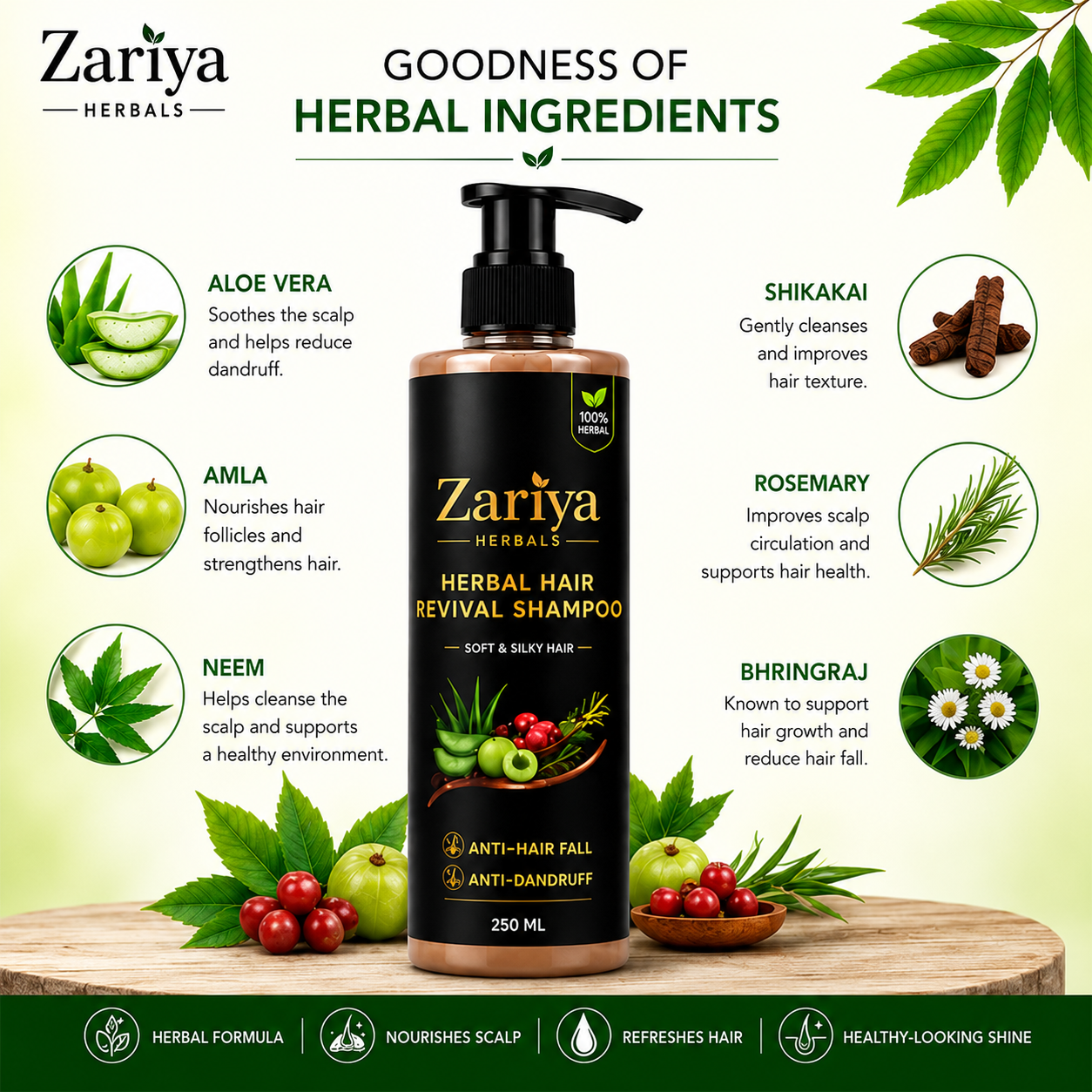 Natural Herbal Hair Revival Shampoo (250 ML) SOFT & SILKY HAIR, ANTI-DANDRUFF & ANTI-HARIFALL